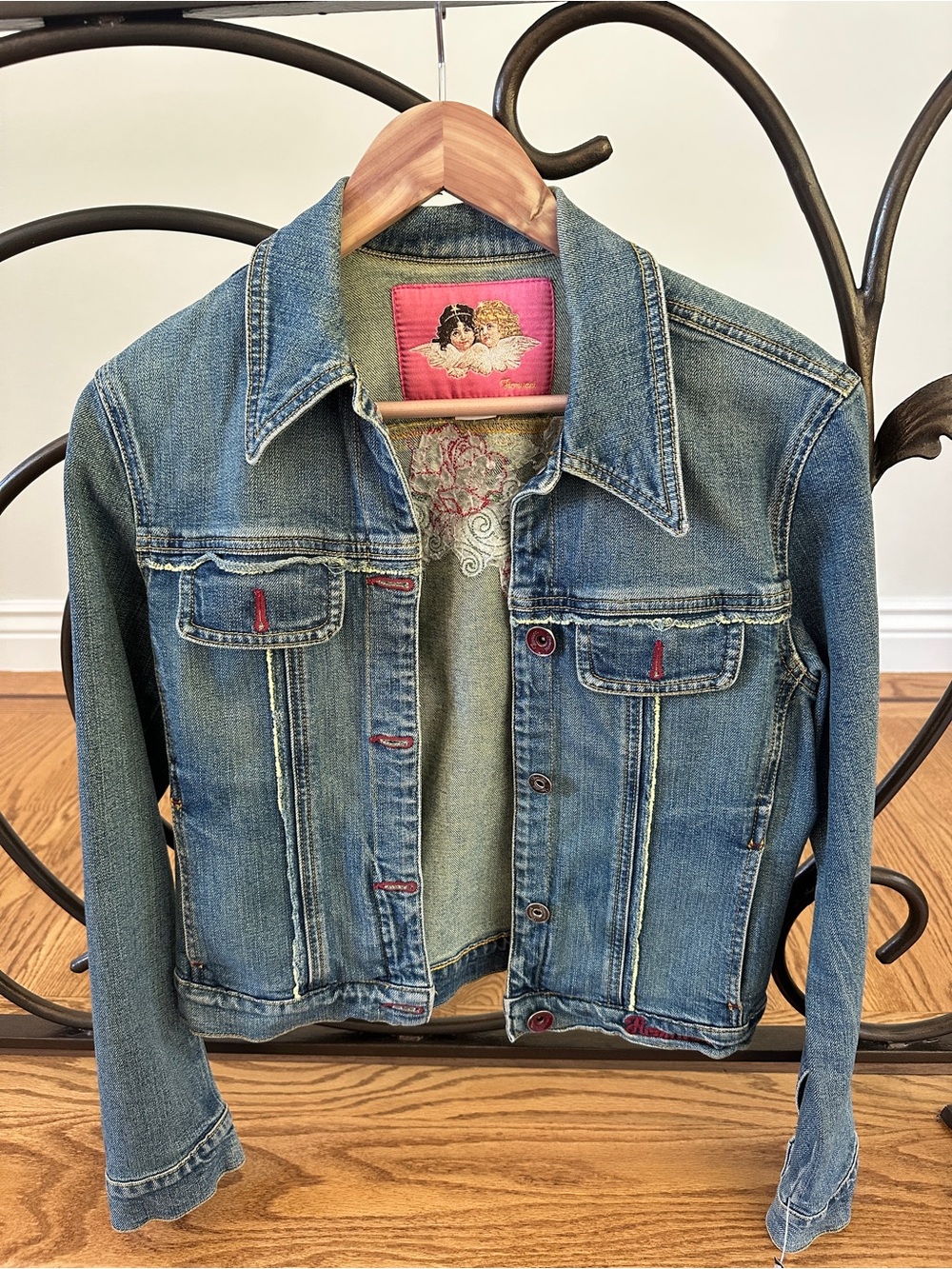Denim Jacket with Pink Cherub Patch Label